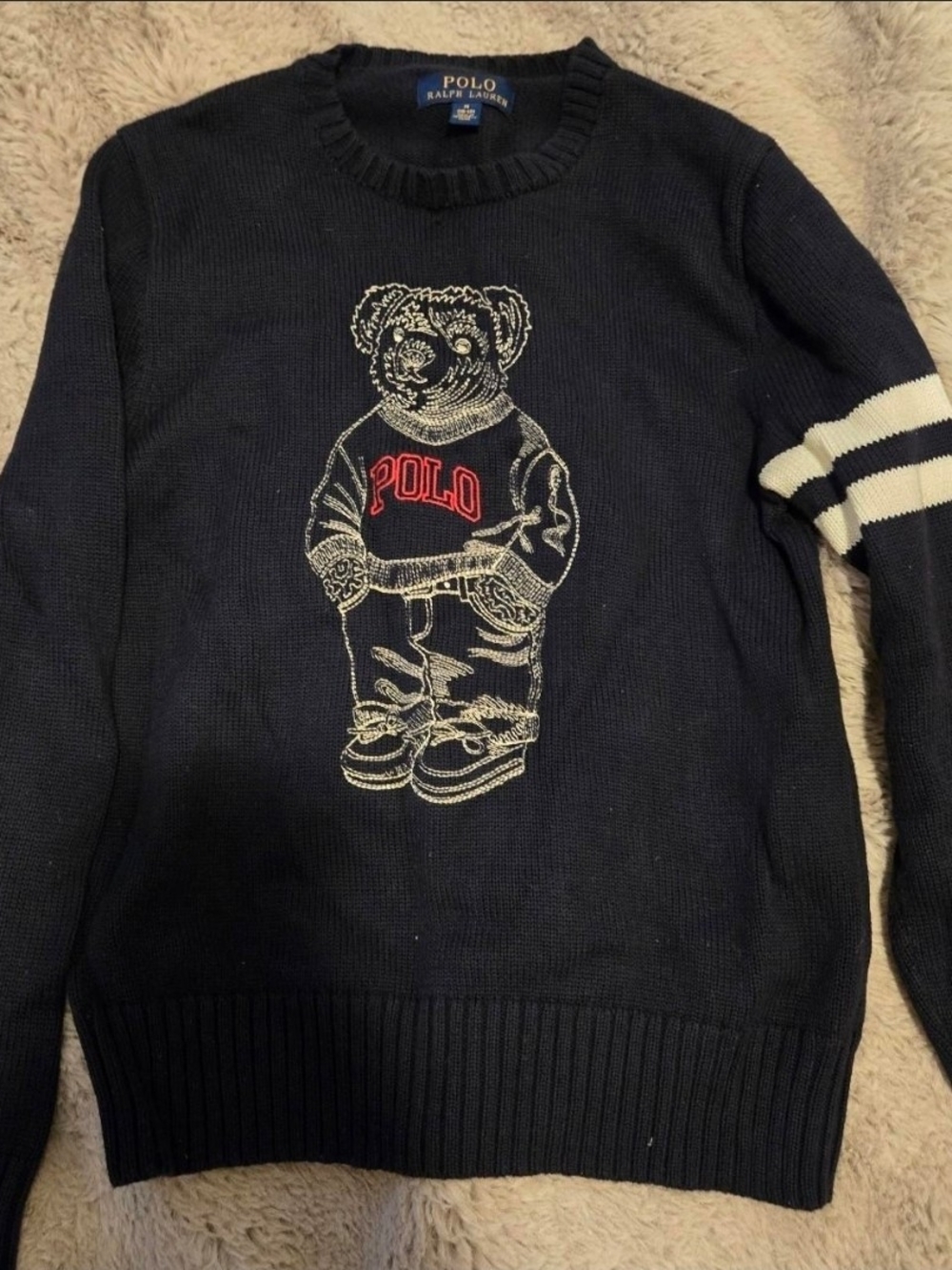Boys Polo by Ralph Lauren Navy Crewneck Sweater with Bear Embroidery